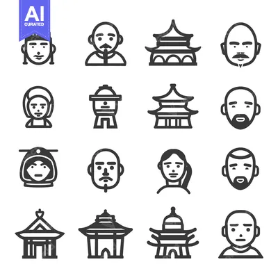 Aset desain premium: Simple line art depicting people and traditional structures