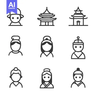 Popular premium asset: Simple icons depicting asian people and traditional buildings