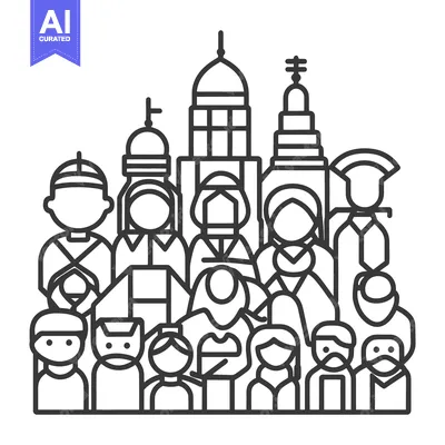 Aset premium populer: A group of people and religious buildings sketched in black lines