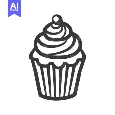 Aset premium populer: A black and white line drawing of a cupcake dessert
