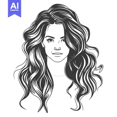 Premium design asset: Beautiful woman smiling with long wavy hair in grayscale illustration