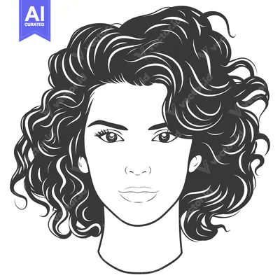 Aset desain premium: A portrait illustration of a woman with curly hair facing forward