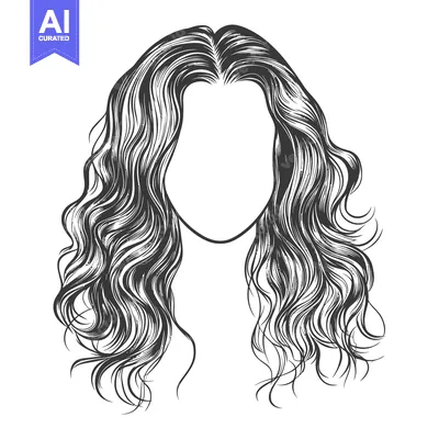Aset desain premium: A black and white illustration depicting wavy long hair style