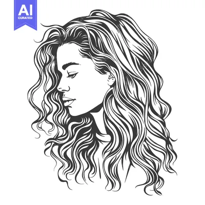 Aset premium populer: A stylized monochrome image of a woman with long curly hair