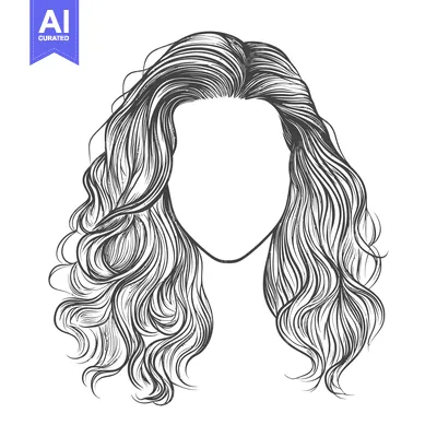 Aset desain premium: A detailed illustrated depiction of wavy and flowing female hair