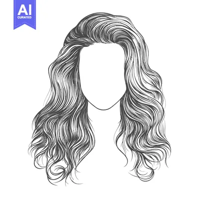 Aset premium populer: A detailed black and white illustration of long wavy hairstyles