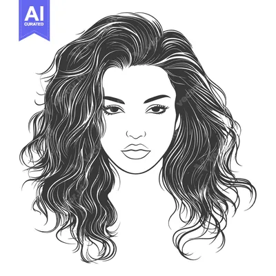 Aset premium populer: A grayscale drawing depicting a woman with long wavy hair