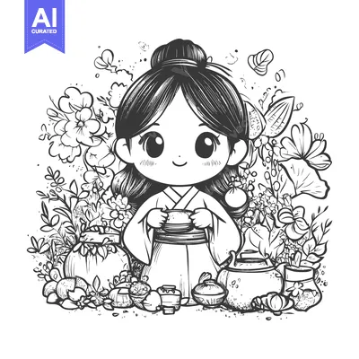 Aset desain premium: Cute Anime Girl in Kimono with Teapot and Flowers