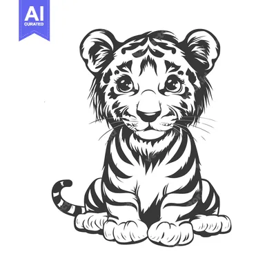 Aset premium populer: Cute Black and White Cartoon Sitting Tiger Cub with Big Eyes