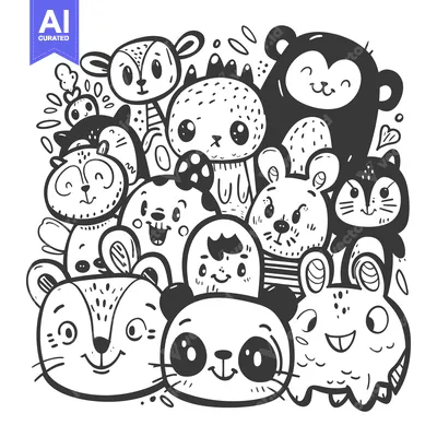 Aset premium populer: Cute Cartoon Animals Doodle with Big Eyes and Smiling Faces