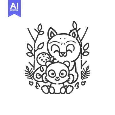 Aset desain premium: Cute Cartoon Fox and Raccoon Embrace with Floral Surroundings