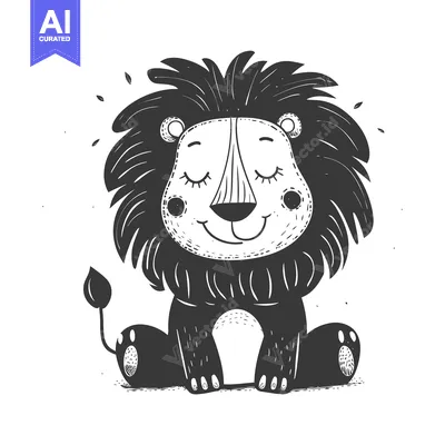 Aset desain premium: Cute Cartoon Lion Sitting with a Smiling Face and Closed Eyes