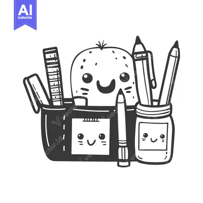 Premium design asset: Cute Cartoon Pencil Case with Smiling Faces and School Supplies
