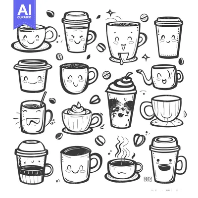Popular premium asset: Cute Coffee and Tea Cups with Happy Faces and Beans