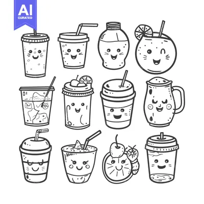 Aset desain premium: Cute Doodle Illustration of Various Beverages with Happy Faces