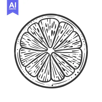 Aset desain premium: A black and white line drawing of a citrus slice