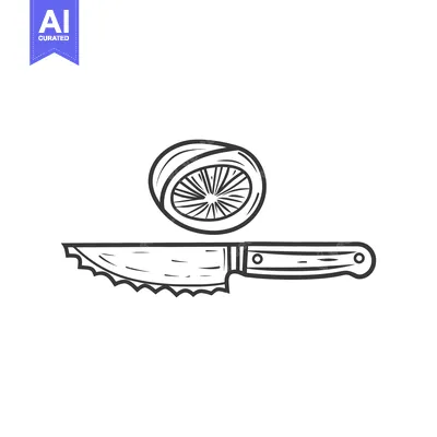 Aset desain premium: A sliced citrus fruit next to a serrated kitchen knife