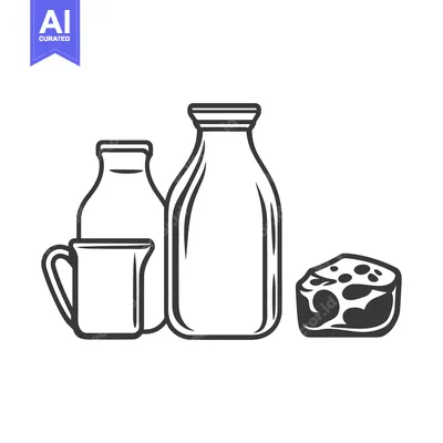 Aset premium populer: A monochrome illustration of milk bottles cheese and a pitcher