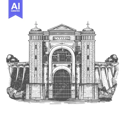 Aset desain premium: Engraving of a grand dam structure with crosses