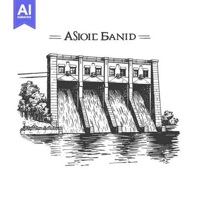 Aset desain premium: A large dam with four spillways releasing water