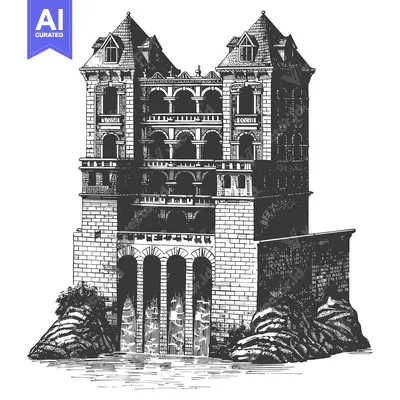 Aset premium populer: Majestic Castle Building Over Waterfalls Scene
