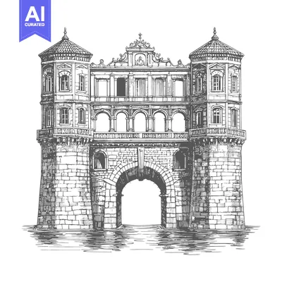 Premium design asset: Ancient Arch Bridge with Twin Towers Over Water