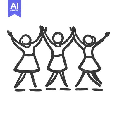 Aset desain premium: Three stylized women holding hands with arms raised in unison