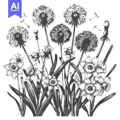Premium design asset: Dandelion and Narcissus Flowers in Bloom
