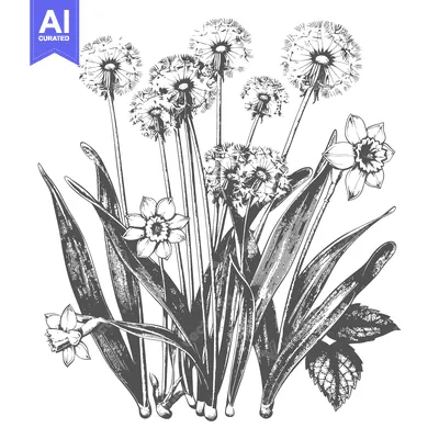 Aset desain premium: Dandelions and Daffodils in Black and White Illustration