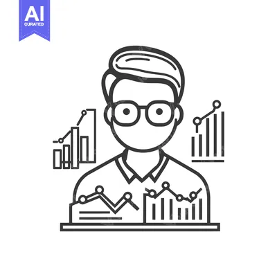 Aset desain premium: A person wearing glasses surrounded by analytical charts and graphs