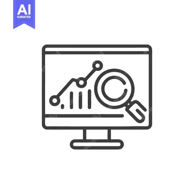 Data Analysis on Computer Screen with Magnifying Glass, Line Icon