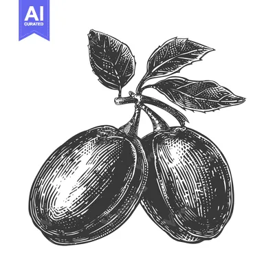 Aset premium populer: A Detailed Engraving of Two Plums on a Branch with Leaves