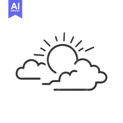 Aset desain premium: A simple line drawing depicting the sun shining through clouds