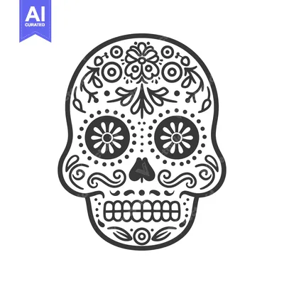 Aset desain premium: An elaborately decorated skull illustration with symmetrical floral pa