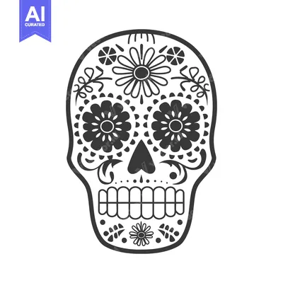 Premium design asset: A decorated skull design featuring floral patterns and a symmetric sty