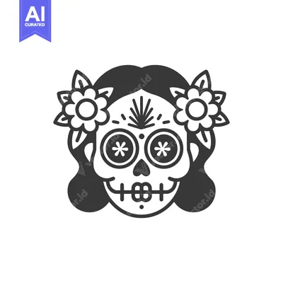 Premium design asset: A stylized black and white illustration of a decorated skull face