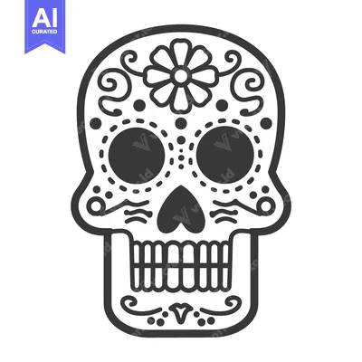 Aset premium populer: A stylized black and white sugar skull with floral decorations