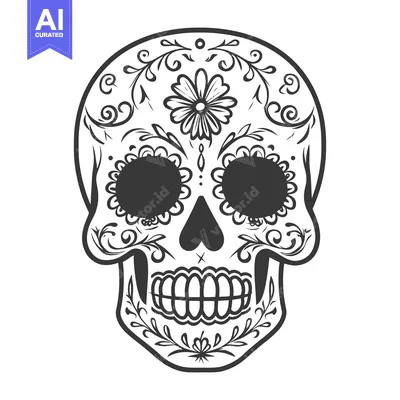 Popular premium asset: A detailed black and white floral decorated sugar skull illustration