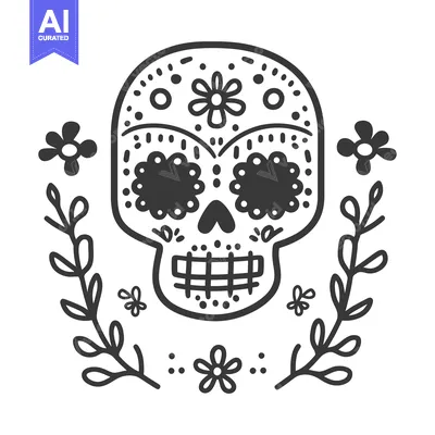 Aset desain premium: Intricate black and white illustration depicting a stylized skull desi