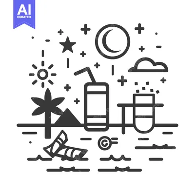 Aset desain premium: Simple beach scene with beverage and celestial elements depicted