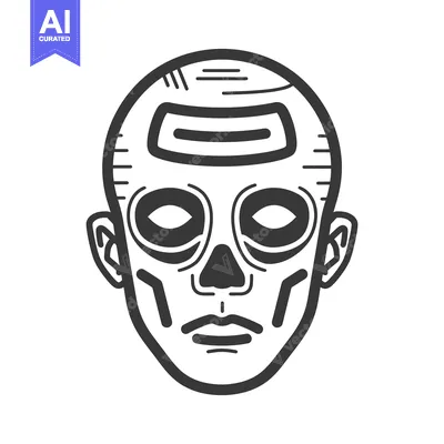 Aset premium populer: A black and white linear illustrated front view of a face