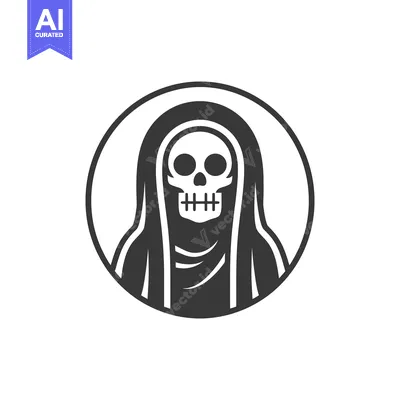 Aset desain premium: A stylized drawing of a hooded grim reaper in a circle