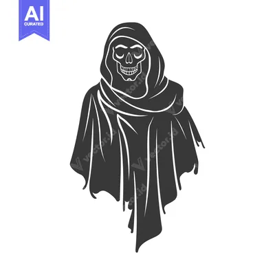Aset desain premium: A cloaked figure with a skull face stares forward ominously