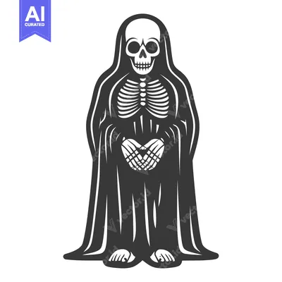 Aset premium populer: A black and white illustration depicts a robed skeleton figure