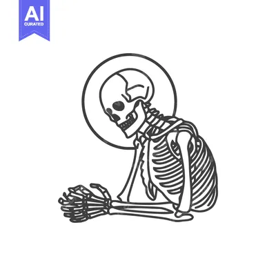 Contemplative Skeleton: Minimalist Line Art with Halo on White Backgro