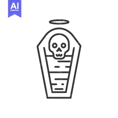 Aset desain premium: Minimalist Coffin Icon with Skull and Halo, Halloween Theme
