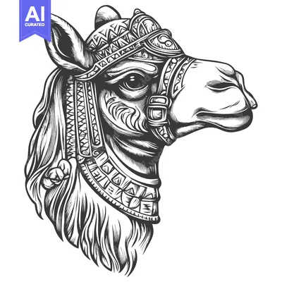 Aset desain premium: Decorated Camel Head in Profile, Detailed Black and White Illustration