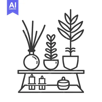Aset premium populer: An illustration depicting an indoor shelf with various objects on it