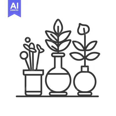 Aset desain premium: Three stylized plants in vases and a pot on a surface