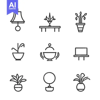 Aset desain premium: Several linear illustrations depicting household decorations and objec